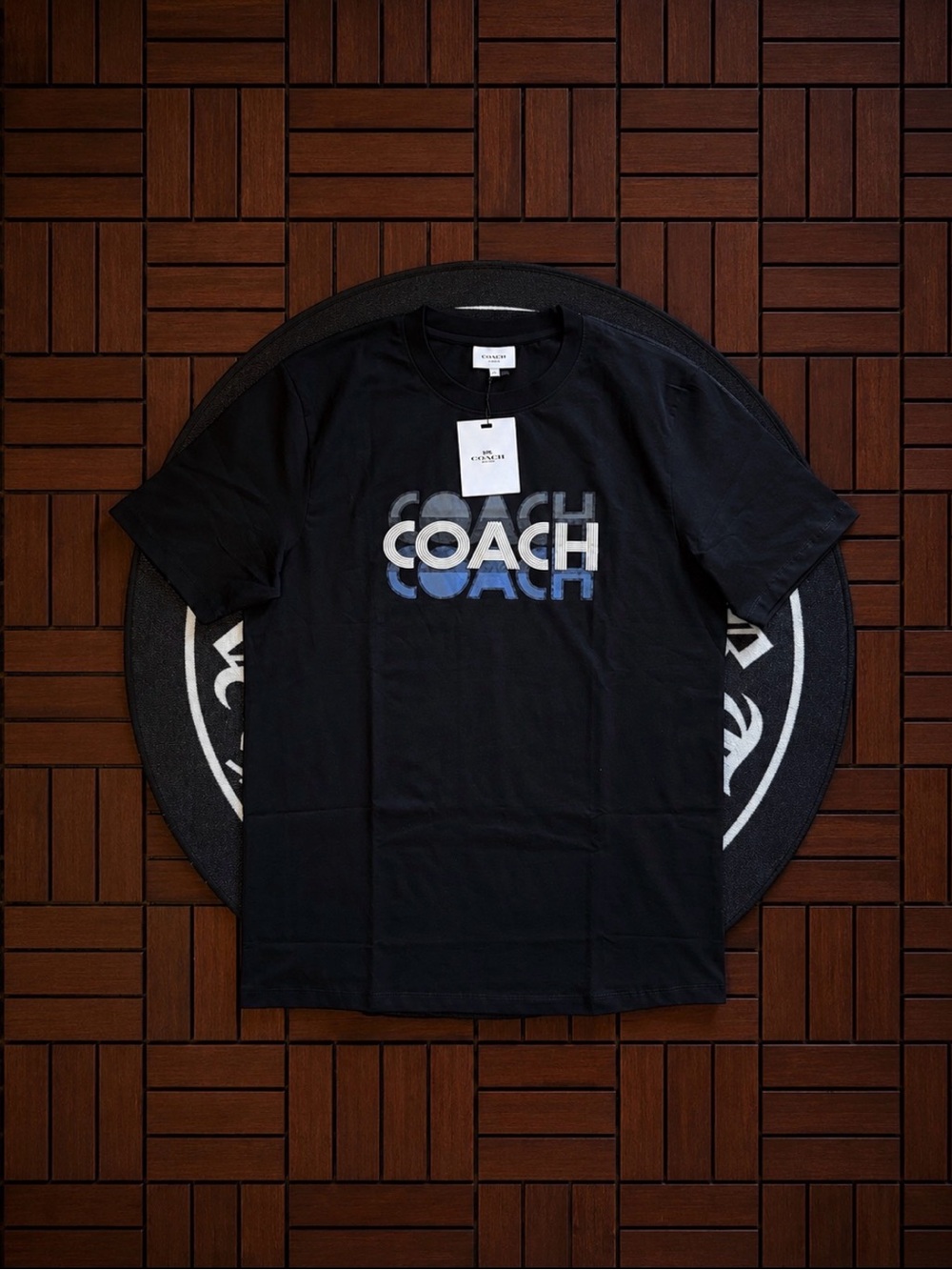 Coach Black Short-Sleeve Logo Tee with Blue & White Print